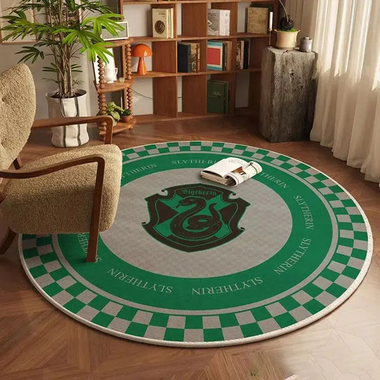 Tapis Rond Maison Slytherin (Serpentard) Motif Échiquier – Style Vert Intense & Moderne